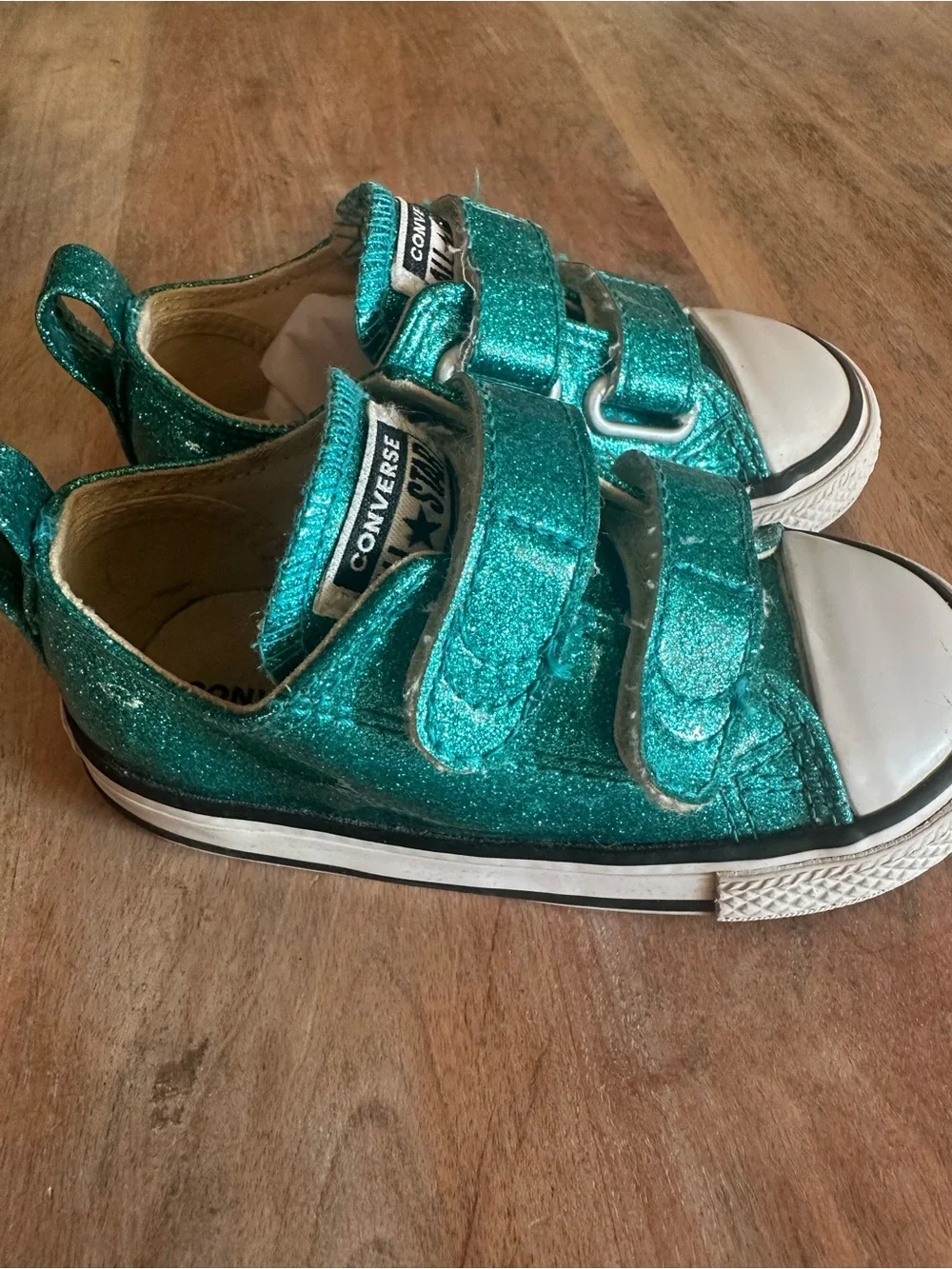 Converse Chuck Taylor All Star Toddler Girls Teal Glitter Double Strap Sneakers